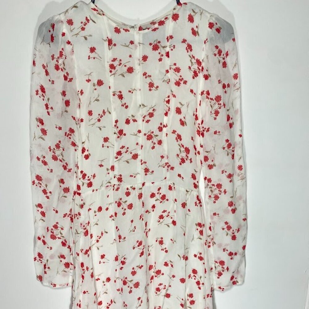 Reformation Red Floral Long Sleeve Sheer Dress